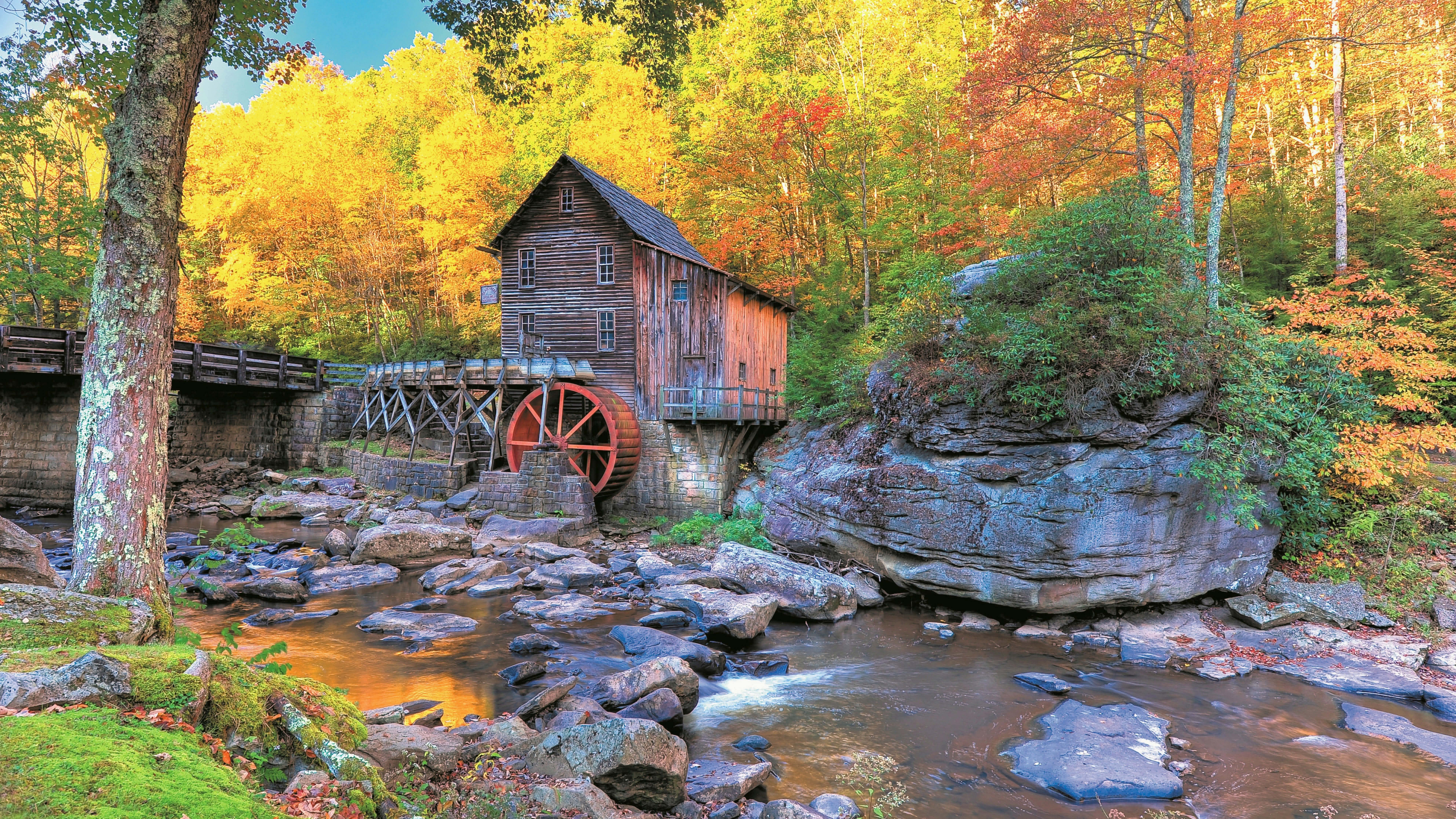 uhd 8k wallpaper autumn in glade creek grist mill babcock state park west virginia united states