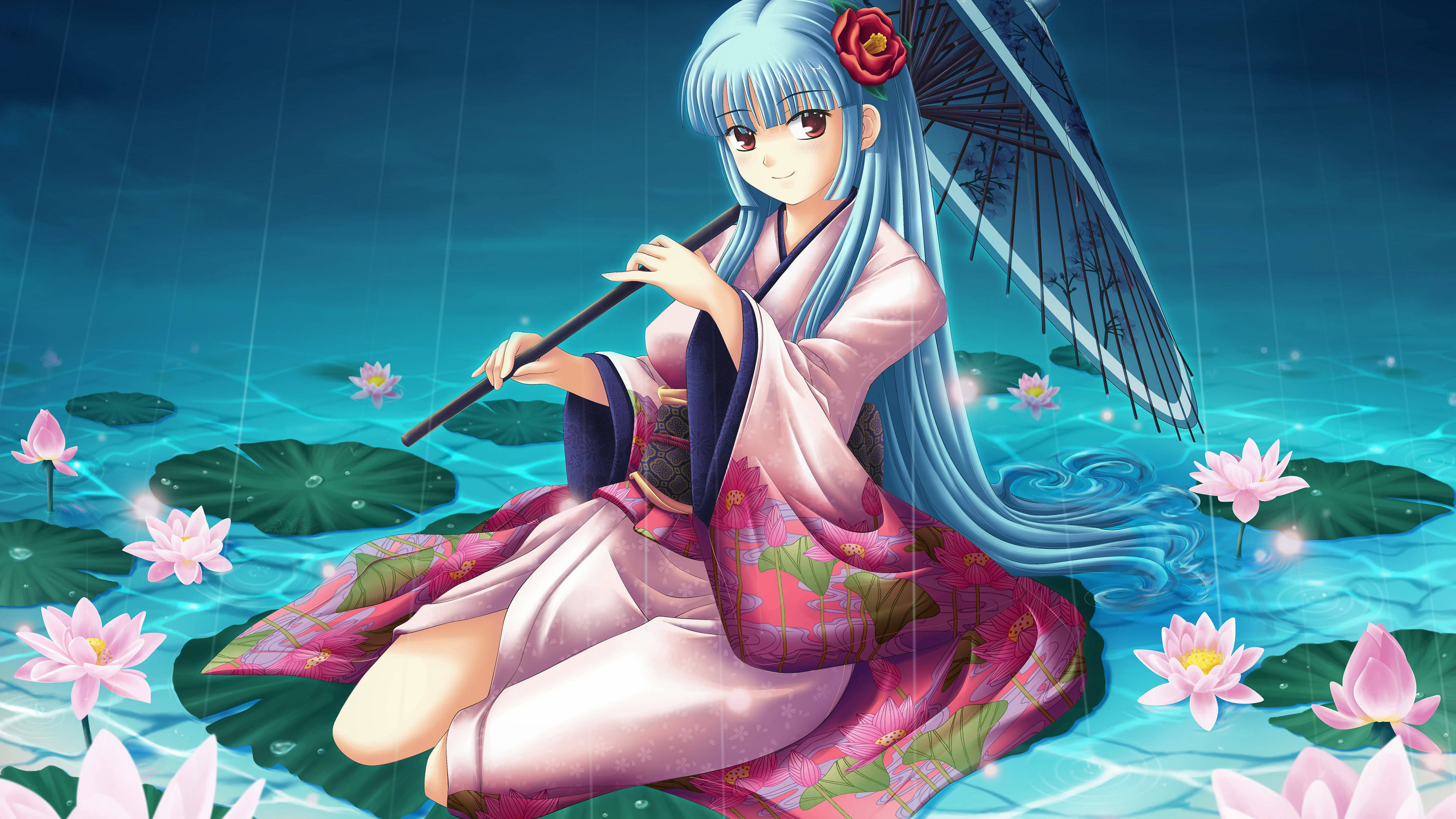 Anime Girl In Kimono On Water Lily Uhd 4k Wallpaper Pixelz Cc