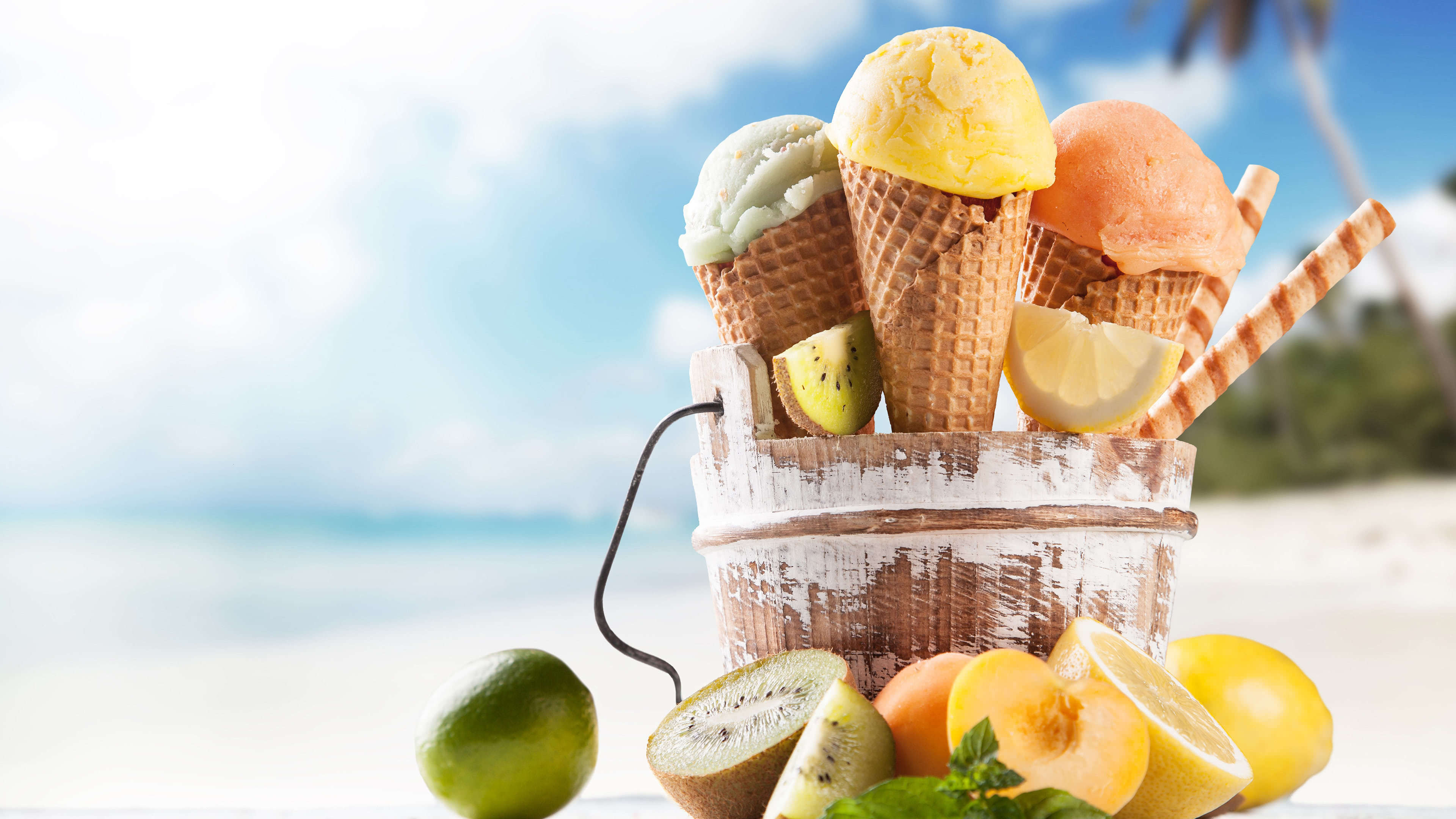 ice cream and-fruits on beach uhd 4k wallpaper