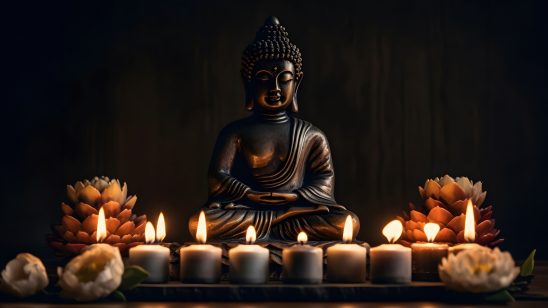 gautama buddha statue with candles uhd 4k wallpaper